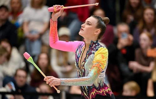 Darja Varfolomeev GER with handheld club action rhythmic gymnastics RSG gymnastics Schmiden