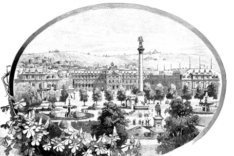Residence Palace and Jubilee Column in Stuttgart, 1890, Baden-Württemberg, Germany, illustration,