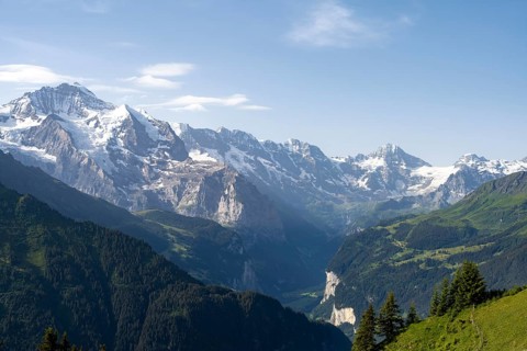 View of the Lauterbrunnen Valley from Schynige Platte, picturesque mountain landscape, glaciated