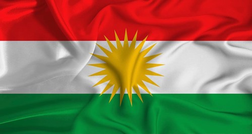 Realistic Kurdistan flag waving. Close up of flag of Kurdistan with cloth texture