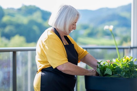 An elderly woman tends to her flowers on a sunny balcony, surrounded by lush greenery. She wears a