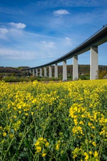 Long traffic jam on the Mintarder Ruhr Valley Bridge, A52 motorway bridge between Essen and