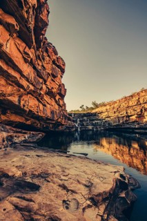 Bell Gorge waterfall, a body of water in north-west Australia in the Kimberley. Sunrise in the