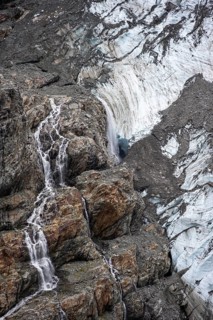 Glacier tongue and waterfall, mountain landscape, Grindelwald-Fiescherfirn glacier, Bernese Alps,