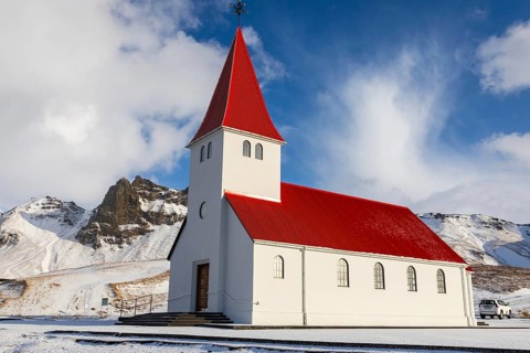 Víkurkirkja, Vík í Mýrdal church, snow, winter, Vik, Iceland, Scandinavia
