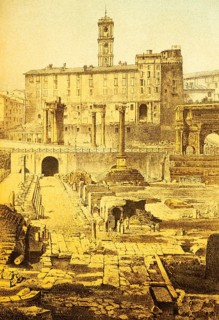 View of ancient Rome from the Roman Forum, ruins, cityscape, columns, houses on the hillside,