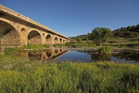 Stone arch bridge with reflection, across the Rio Almonte south of Torrejon El Rubio, landscape,