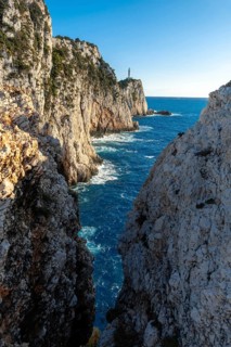 Blue sea at the Lighthouse or Cape Ducato Lefkas in the southern part of the Greek island of