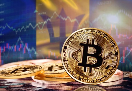 Bitcoin with Barbadian flag in the background. Investors in cryptocurrency and Blockchain