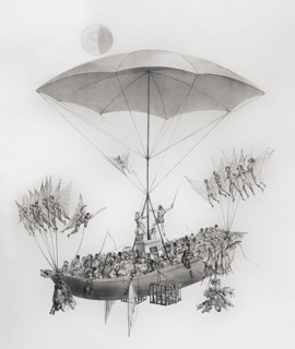 Flying machine returning from the moon, by Gaetano Dura, 1836