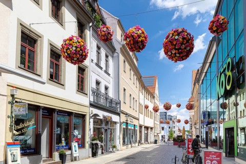 Petersstraße pedestrian zone in downtown Freiberg, Saxony, Germany