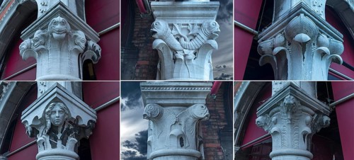 Compilation of capital structures on the pillars of the fish market, rialto market in the San Polo