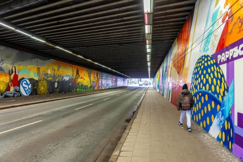 Huge street art pictures in a road tunnel in Gelsenkirchen, the approximately 120 meter long