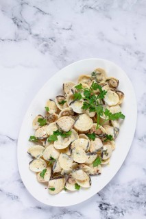 Vongole clams, in cream sauce, on a white plate, homemade, top view, no people