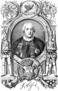 Portrait of Prussian King Frederick William I, picture frame, soldiers with rifle, motto Non Soli