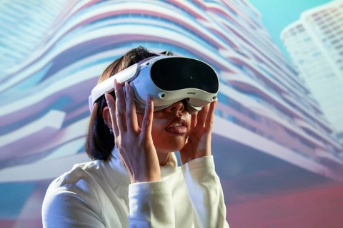 A Latin woman wearing virtual reality glasses is deeply immersed in a digital experience, exploring