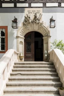 Staircase to the entrance portal with coat of arms and dates, Rauenstein Castle, Pockau-Lengefeld,