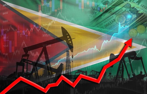 Oil production with Guyanese flag, petrol industry. Oil pumps with Guyana flag