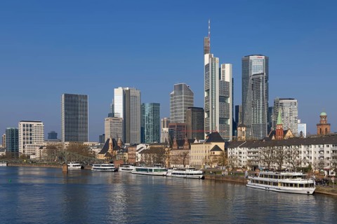Blue sky shines over Frankfurt's banking skyline, Frankfurt am Main, Hesse, Germany