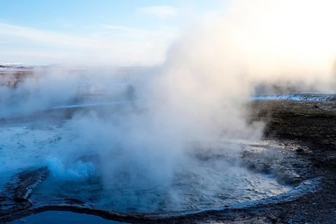Hot spring, gysir, water vapor, snow, winter, Haukadalur Valley, Golden Circle, Iceland,