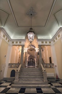View into the entrance hall of a former palace, today Banca Profilo, Genoa, Italy