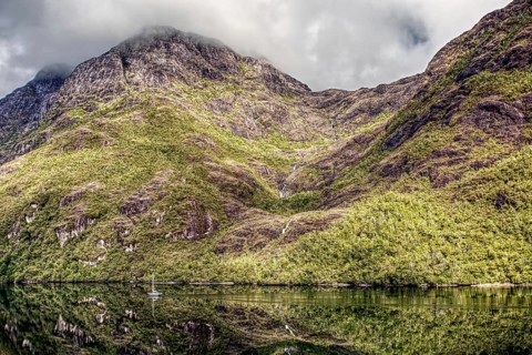 Wooded mountain landscape photographed from a ship with gently rising and falling forms. In the