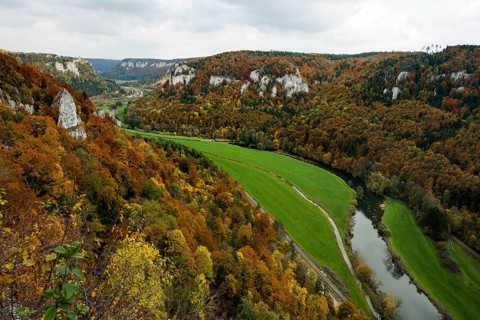 Autumnal forest and Werenwag Castle, Eichfelsen viewpoint, near Irndorf, Upper Danube nature park