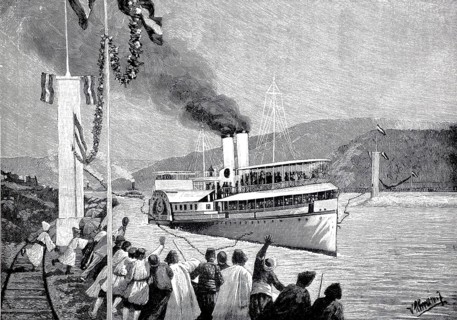 The steamer Franz Joseph I opens the canal at the Iron Gate, September 27, 1896, Danube, Romania,