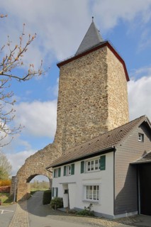 Historic Count Tower built 13th century, archway city tower, city of Blankenberg, Hennef,