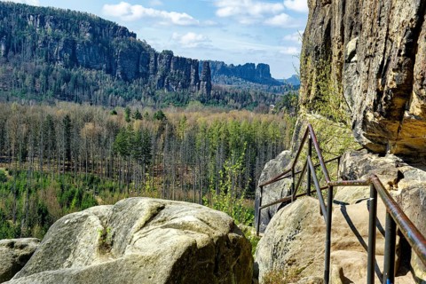 View from natural arch Kuhstall am Neuen Wildenstein, natural wonder, national park, hiking