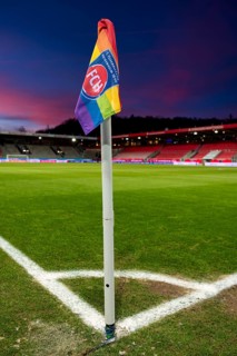 Stadium, interior, logo, 1. FC Heidenheim 1846, corner flag in LGBT colours Lesbian, Gay, Bisexual,