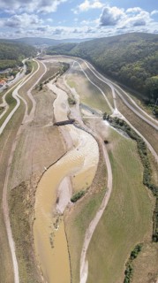 Aerial view of the Fahrafeld flood defences after a severe storm, Pottenstein, Lower Austria,