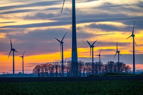 Sunset at Issum wind farm, Lower Rhine, North Rhine-Westphalia, Germany