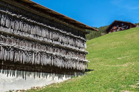Diemen, wooden frames, wooden rack for drying hay on an old barn, behind Berggasthof Gaissalpe,