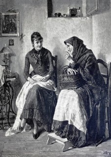 The gossip base, old woman tells a young woman the latest news from the neighborhood, 1890,
