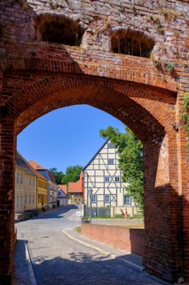 Castle gate and old town centre of Tangermünde, on the Elbe, Altmark, Saxony-Anhalt, Germany