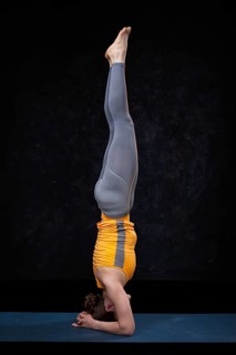 Yoga, woman doing Ashtanga Vinyasa Yoga asana sirsasana, headstand exercise on black grunge