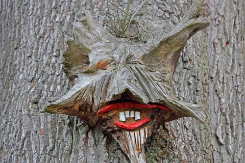 Tree figure, tree root with face, tree trunk with bark, fantasy, wood sculpture, wood carving,