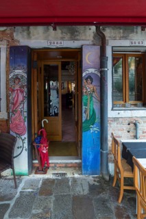 Art Nouveau motifs at the entrance of a restaurant in the ghetto, Venice, Veneto, Italy