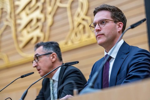 State election 2026 in Baden-Württemberg. Election evening in the state parliament. The leading
