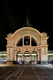 Archway on the station square, light installation at dusk, Lilu, Light Festival 2023, Lucerne,