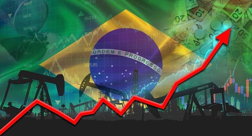 Growth of oil industry with Brazilian flag. Oil pumps with Brazilian flag. Oil production with