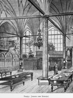 Interior of the Artus Court, Gdansk or Gdansk, Baltic Sea, Poland, wooden tables, plates, columns,