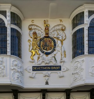 King George II royal coat of arms, Sparrowes House or The Ancient House building, Ipswich, Suffolk,