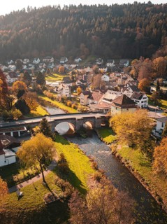 Village in autumn with river, bridge and colourful nature, framed by hills and trees, Calw, Black