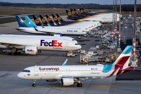 Cologne-Bonn airport, CGN, air freight center, UPS Logisic Hub, UPS cargo aircraft on the apron,