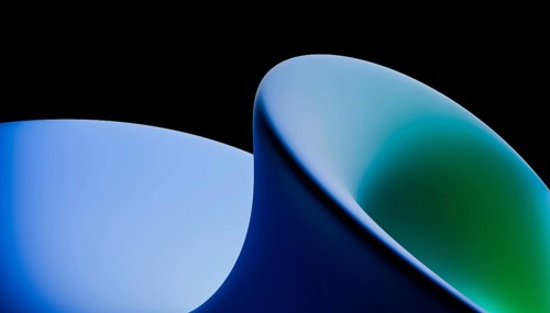 Elegant abstract shapes with a smooth blue to green gradient. The design plays with light, shadow,