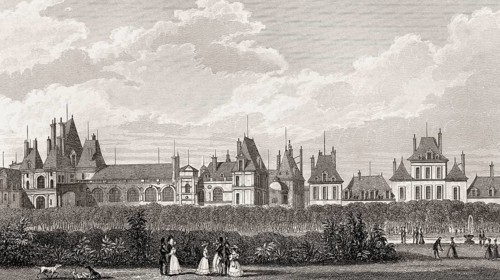 The Royal Château de Fontainebleau, near Paris, antique steel engraved print, 1831