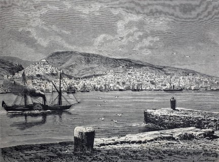 Illustration of the port of Ermoupoli, the capital of the Cycladic island of Syros, 1890, Greece,