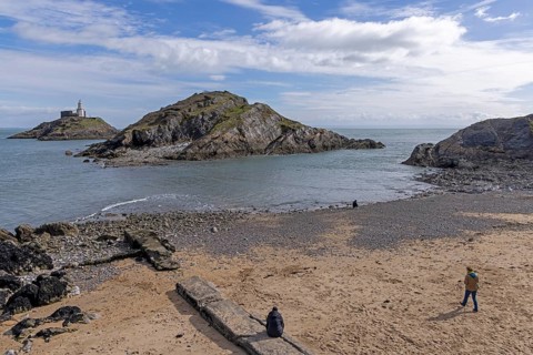 Lighthouse, beach, Mumbles Head, Gower Peninsula, Swansea Bay, Wales, Great Britain
